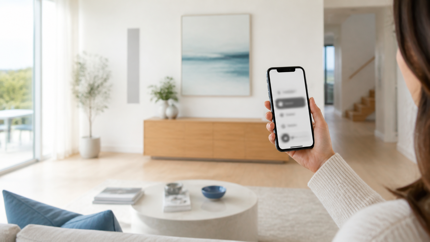 Using an iPhone to send audio to a room in a bright modern home